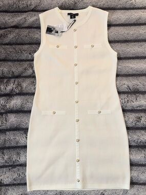 NWT Stretchy Knit Mini Dress Cream W/ Gold Tone Buttons